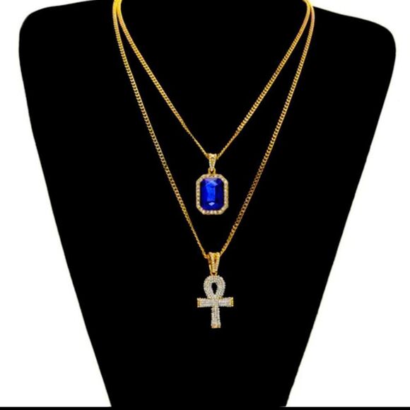 💝18k Gold 2 Necklaces Blue Sapphire Gemstone and Iced Out Gold Cross Pendant - Picture 1 of 5